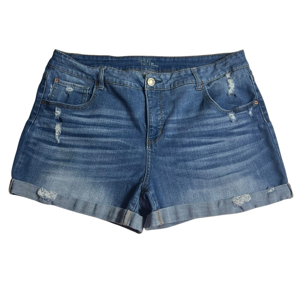 Time And Tru Shorts Women's 20 Blue Mid Rise Cuffed Stretch Distressed Preppy